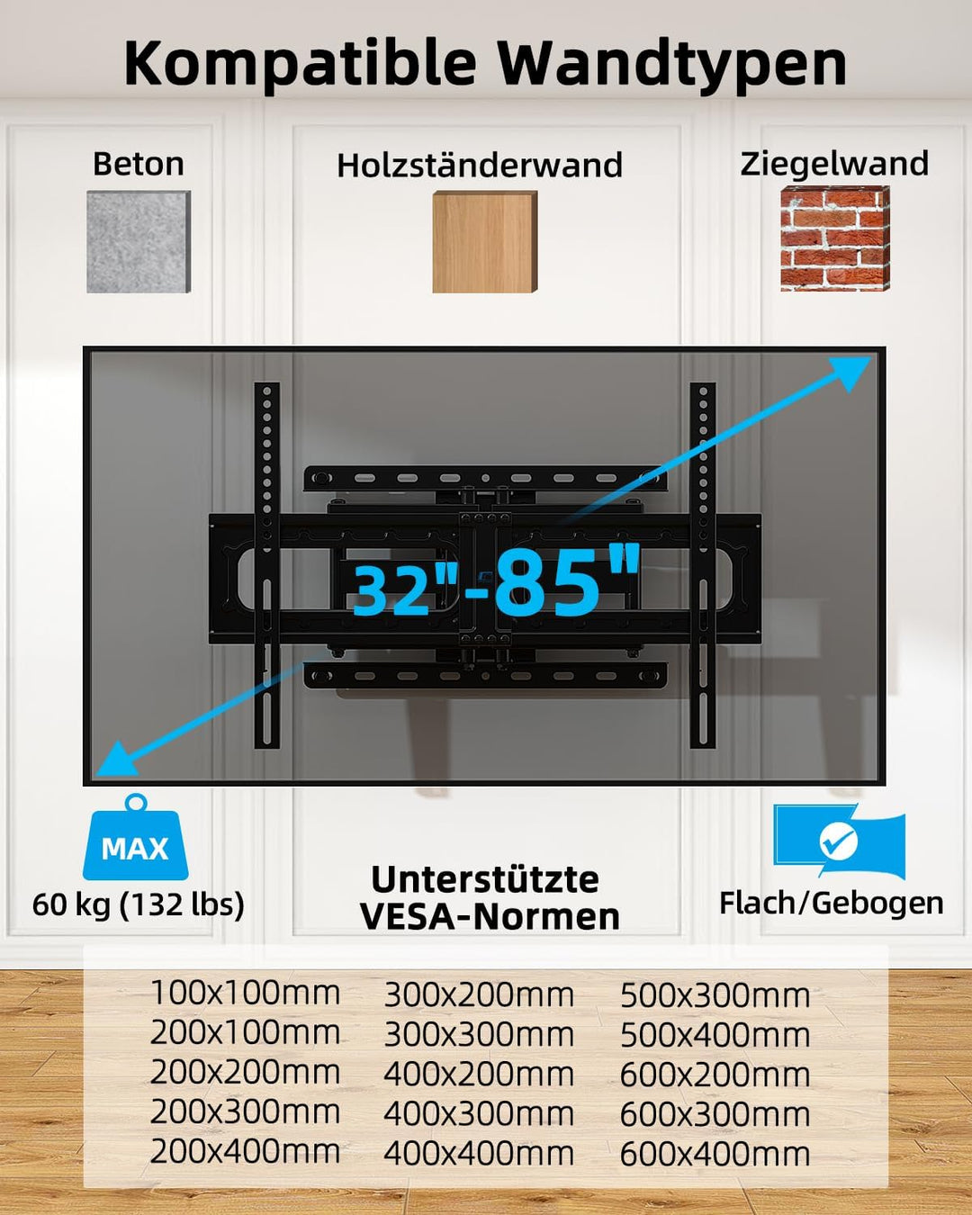 HOME VISION TV Wandhalterung für 32-75 Zoll Flach Curved Fernseher Monitor bis zu 60kg, max. VESA 60