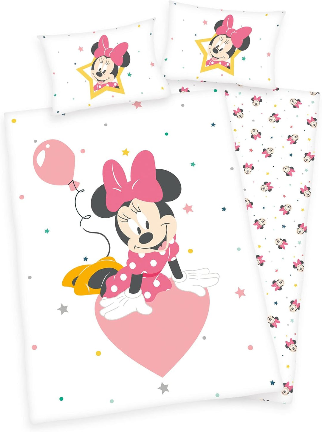 2 TLG. Baby Bettwäsche Wende Motiv: Minnie Mouse mit Herz - Flanell 100x135 cm + 40x60 cm (ohne Lake