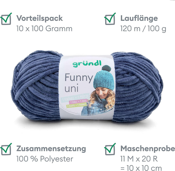 Gründl Funny uni Strick- & Häkelgarn (samtartiges Chenille-Garn aus 100 % Polyester, 10 x 100 g / 12