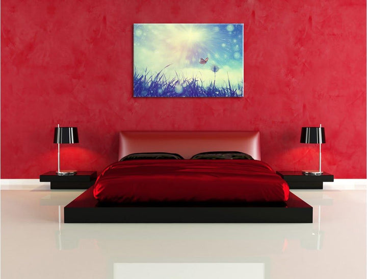 Pixxprint zarter Schmetterling fliegt zu Pusteblume Kunst Buntstift Effekt, Format: 100x70 auf Leinw