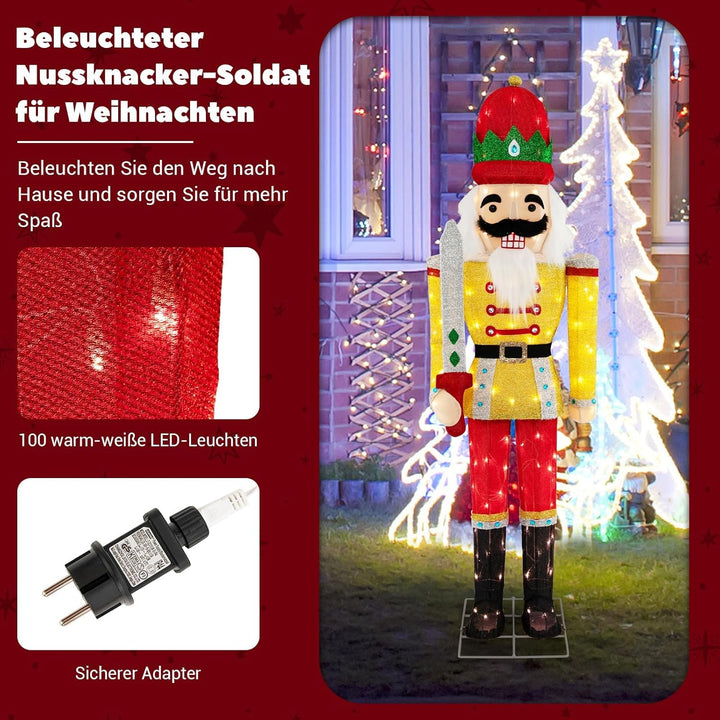 COSTWAY Weihnachten Nussknacker Figur gross, beleuchtete Weihnachtsdeko XXL, Weihnachtsfigur mit Met