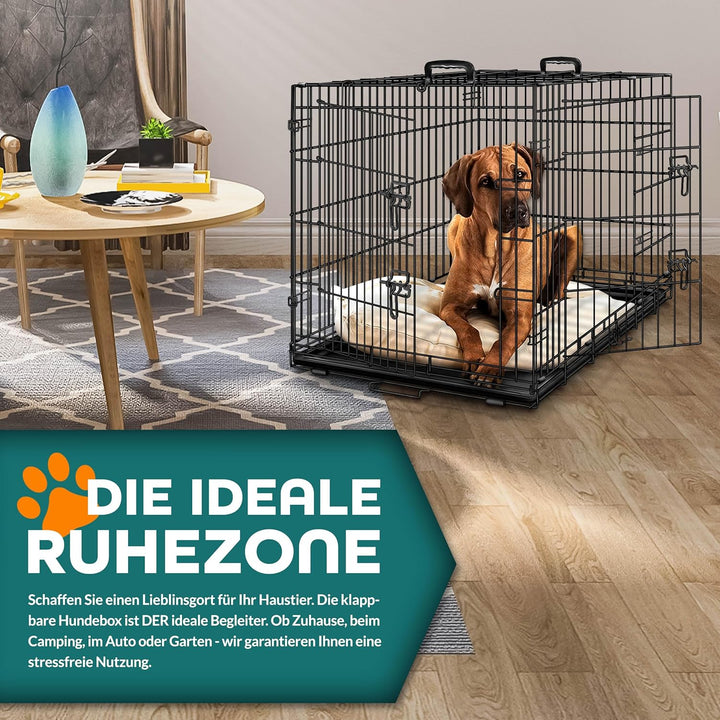 TRESKO Hundekäfig 91 x 58 x 64 cm faltbar mit 2 Türen | Transportkäfig Auto | Hundebox mit Bodenscha