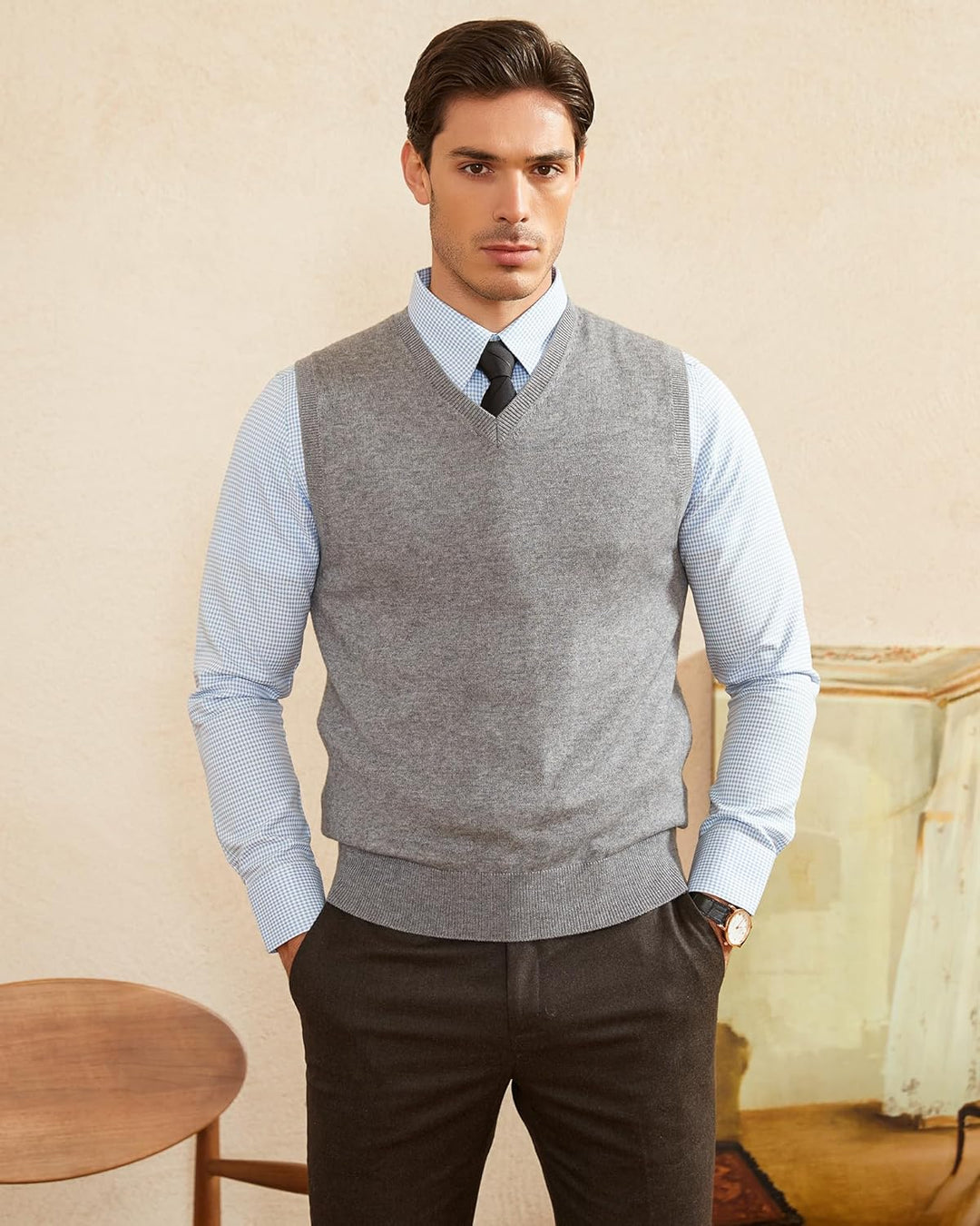 Kallspin Herren Pullunder-Strickweste aus Wollmischung V Hals Ärmellos XXL Hellgrau, XXL Hellgrau