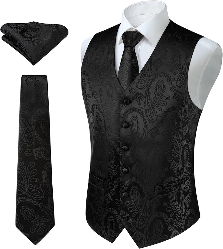 Enlision Herren Paisley Floral Jacquard Weste & Krawatte und Pocket Square Weste Anzug Set M Gold, M