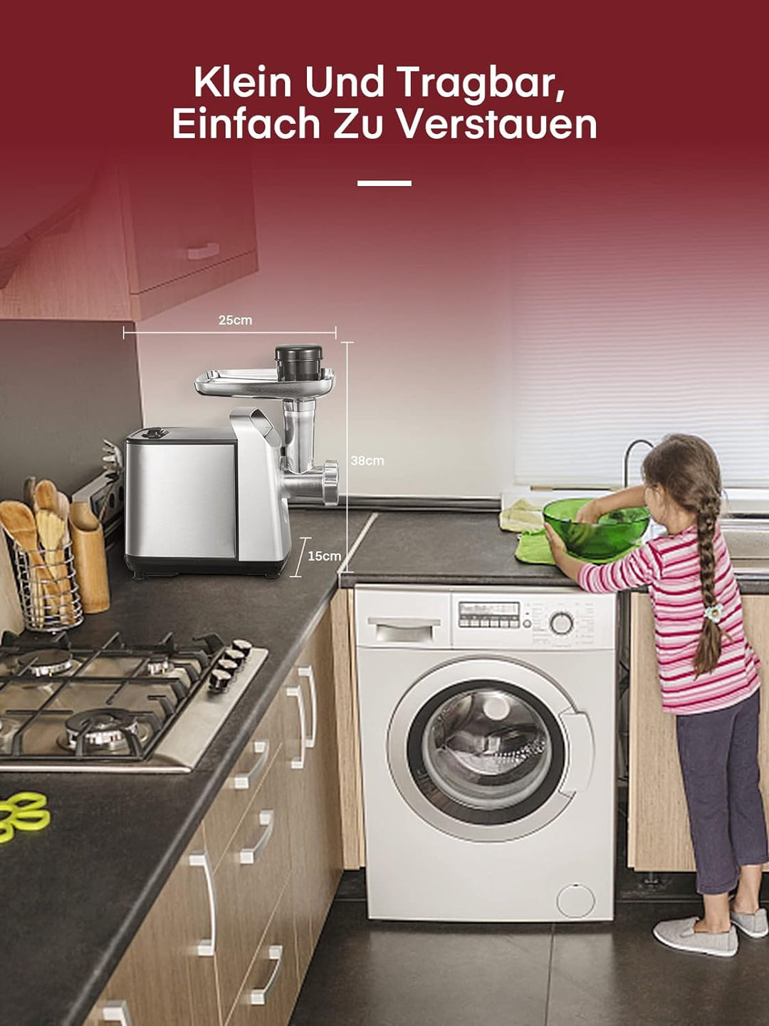 Fleischwolf Elektrisch, CompactPower Wurstaufsatz, 1500W Blockierleistung, 450W, 3 Edelstahl Loch-Sc