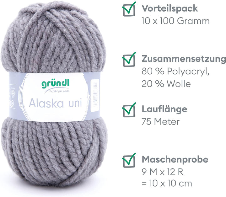 Gründl Alaska uni (Strick- und Häkelgarn mit wollartigem Charakter aus 80 % Polyacryl und 20 % Wolle