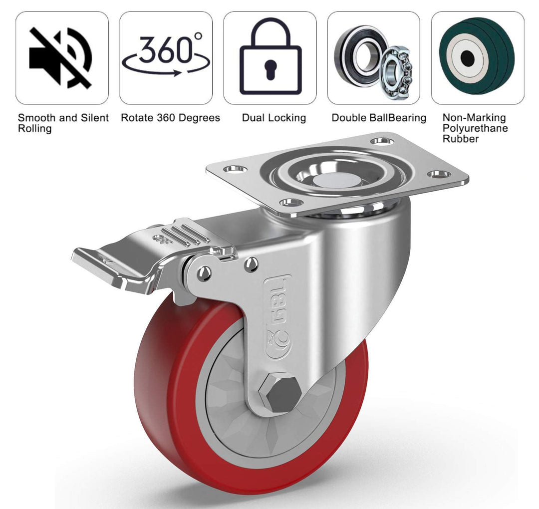 GBL Möbelrollen Schwerlast mit 4 Bremsen + Schrauben - 100mm 600KG - 4 Lenkrollen mit Möbel Bremse -
