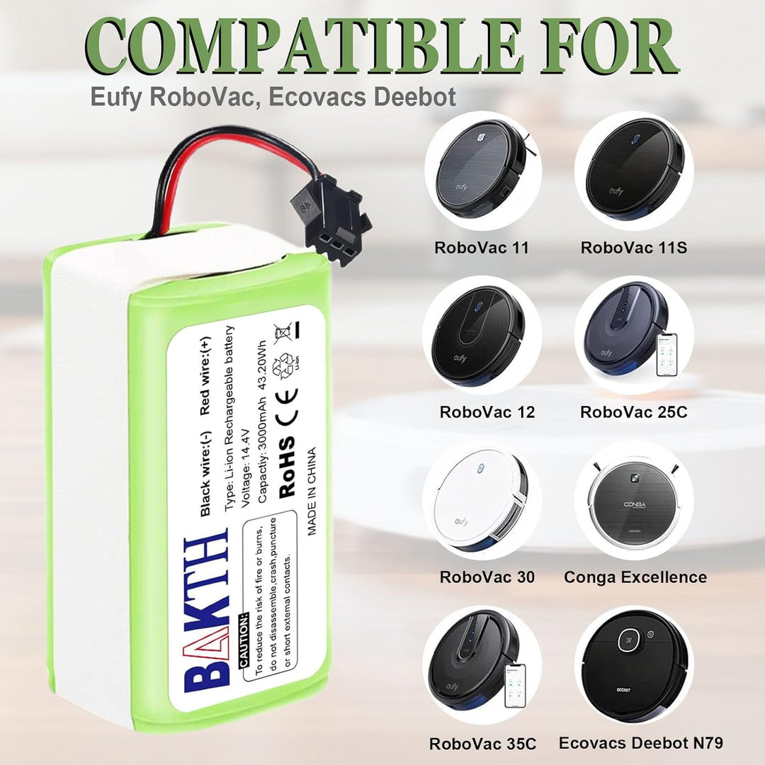 BAKTH Ersatz-Akku, 3000 mAh, 14,4 V, Li-Ion, kompatibel mit Eufy RoboVac 11, 11S, 11S Max, 12, 15C,