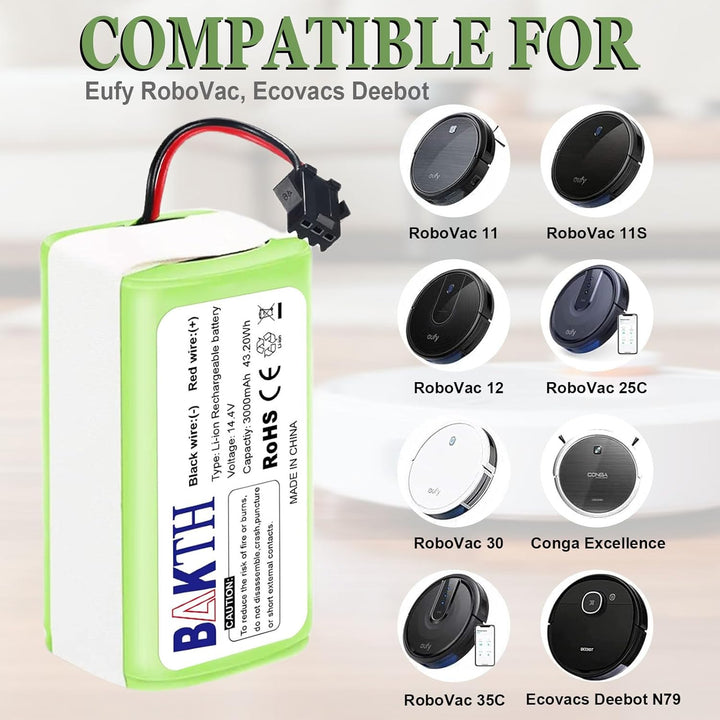BAKTH Ersatz-Akku, 3000 mAh, 14,4 V, Li-Ion, kompatibel mit Eufy RoboVac 11, 11S, 11S Max, 12, 15C,