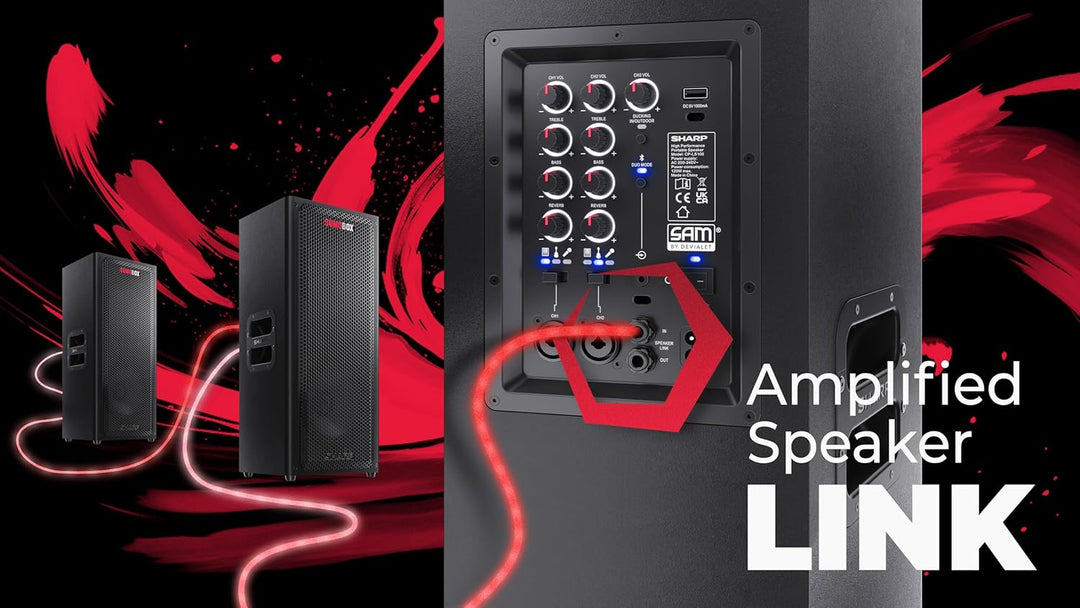 SHARP CP-LS100 SumoBox, Leistungsstarkes 2.0-Kanal-Lautsprechersystem mit 120 W RMS / 105 dB, 10 Std