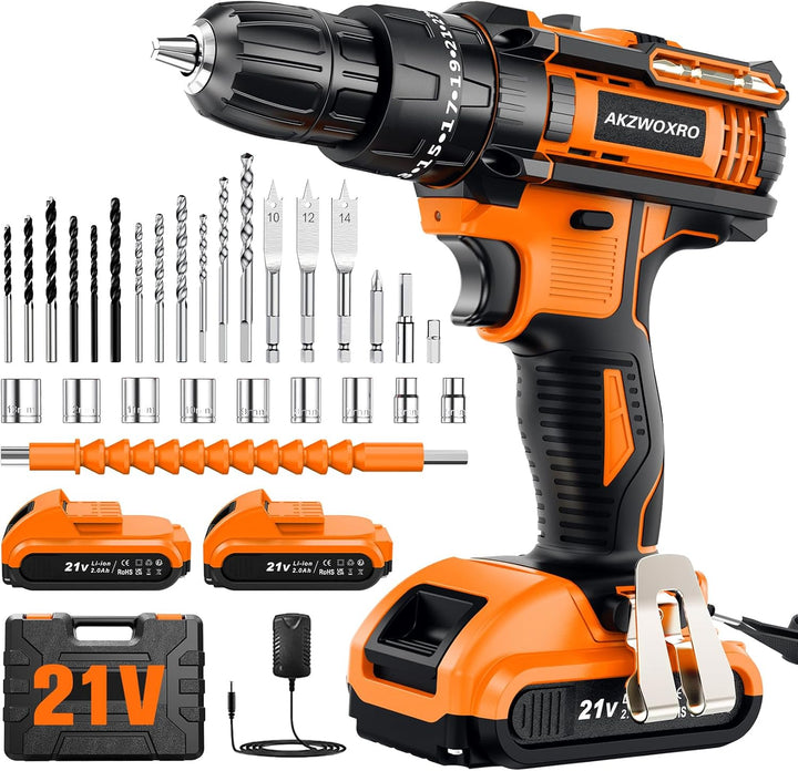 AKZWOXRO Akkuschrauber 21V, Akku Bohrschrauber mit 2 Akkus 2.0Ah, 42Nm Akku Bohrmaschine, 2 Gang, 25