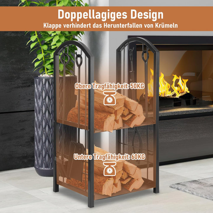 Randaco kaminholzregal Innen und Aussen, mit Kaminbesteck, Metall Brennholzregal aussen, Holzunterst