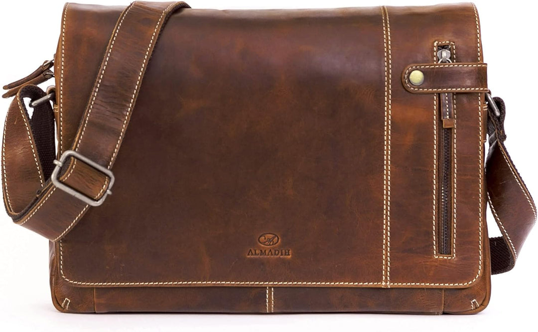 ALMADIH Leder Tasche Umhängetasche DYLAN Premium Rindsleder braun BD – Laptop Fach 15 Zoll Ledertasc