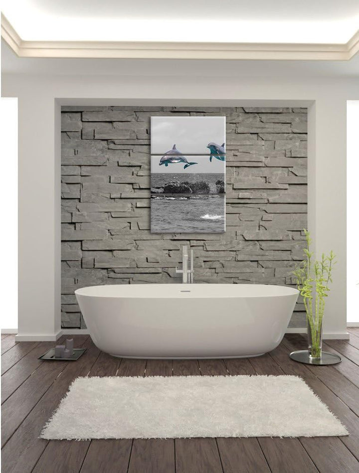 Pixxprint Zwei hoch springende Delphine als Leinwandbild/Grösse: 3 Teilig (120x80 cm) cm/Wandbild/Ku