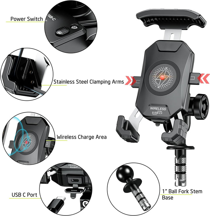 iMESTOU Motorrad Gabelschaft Telefonhalterung Wireless/USB C Ladegerät mit 1" Kugel Passend für Duca