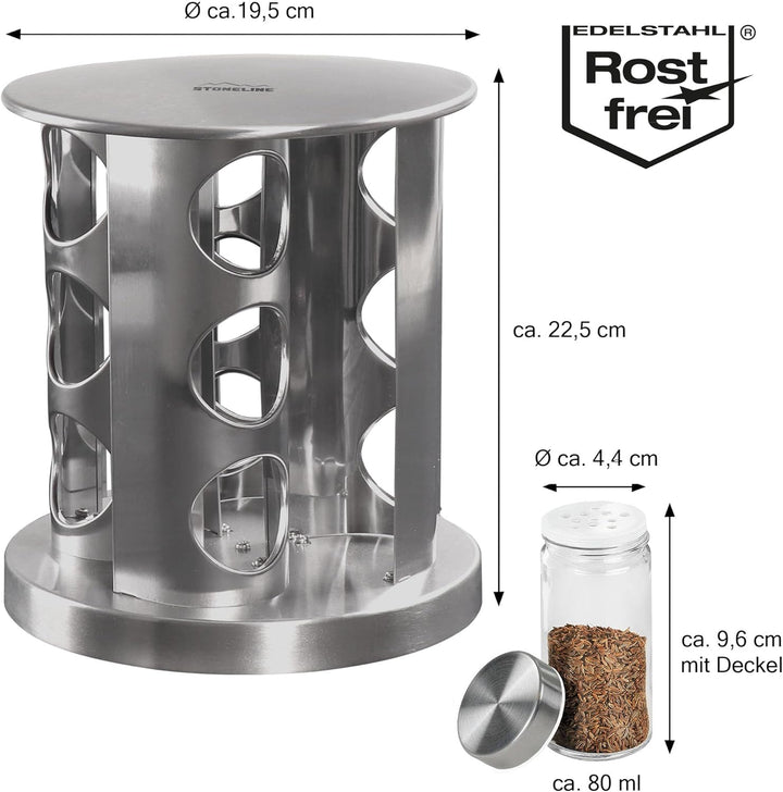 STONELINE Gewürzregal, Gewürzkarussell drehbar aus Edelstahl mit 12 Gewürzgläser, Gewürzregal stehen