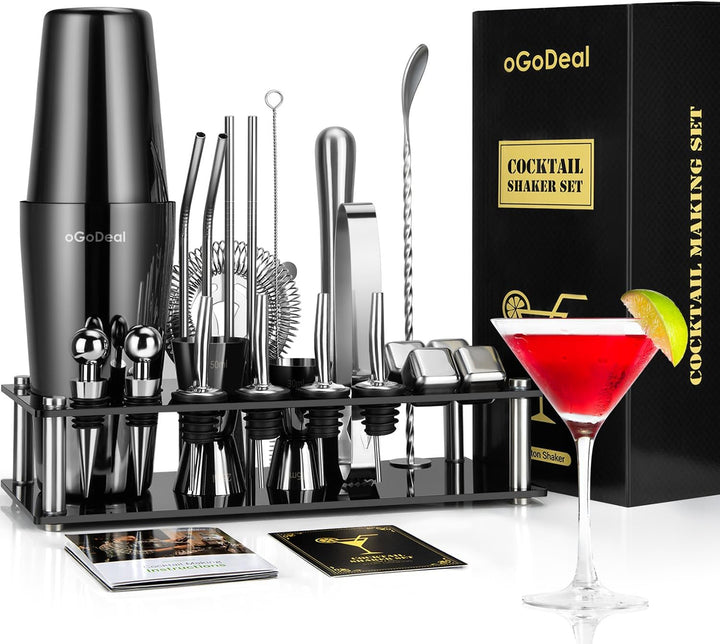 Cocktail Set, oGoDeal Boston Cocktail Shaker Schwarz mit Ständer, 23pcs Bar Equipment Barkeeper Set
