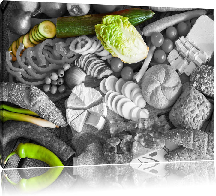 Früstücksplatte mit Gemüse schwarz/weiss Format: 100x70 auf Leinwand, XXL riesige Bilder fertig gera