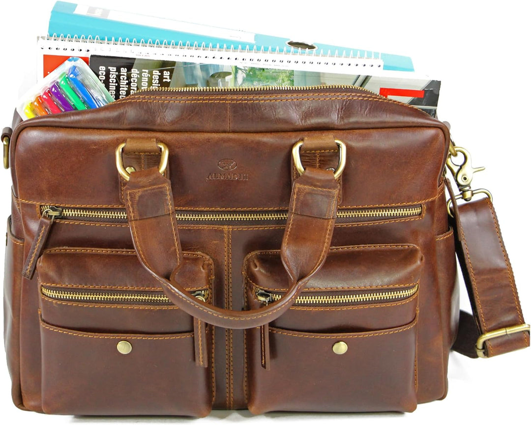 ALMADIH Damen Businesstasche 15 Zoll Aktentasche aus Echtleder mit Laptopfach - Leder Damen Business