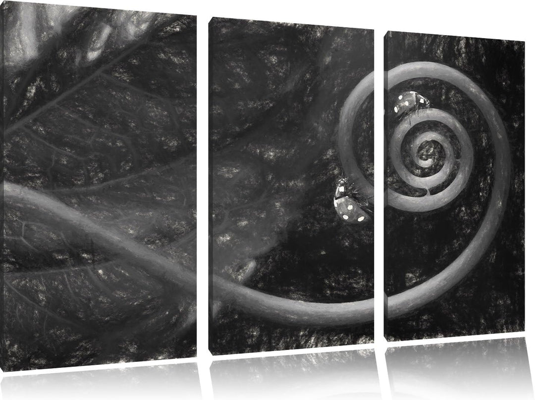 Pixxprint Zwei Marienkäfer auf einen eingedrehten Stängel Kunst Kohle Effekt 3-Teiler Leinwandbild 1