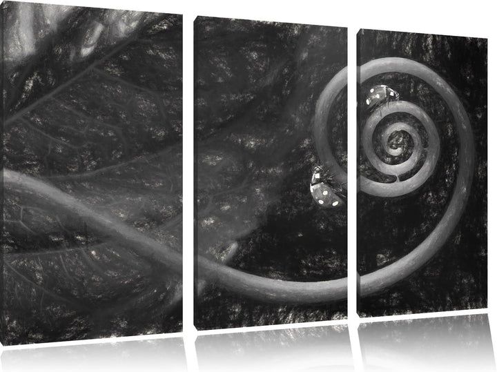 Pixxprint Zwei Marienkäfer auf einen eingedrehten Stängel Kunst Kohle Effekt 3-Teiler Leinwandbild 1