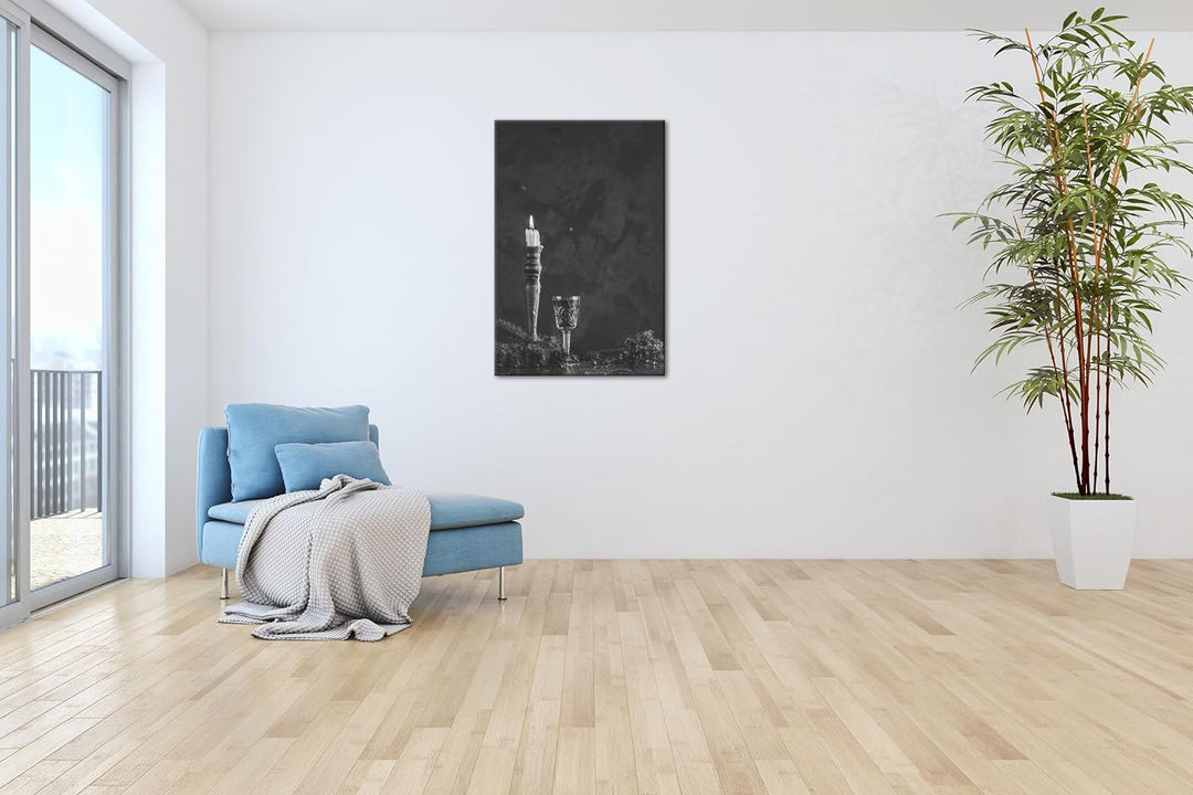 deyoli schöne Kerze mit Sektglas Format: 80x60 cm Effekt: Schwarz/Weiss als Leinwandbild, Motiv fert