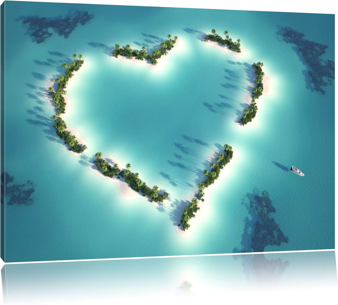 Herz geformt aus Inseln, Format: 100x70 auf Leinwand, XXL riesige Bilder fertig gerahmt mit Keilrahm