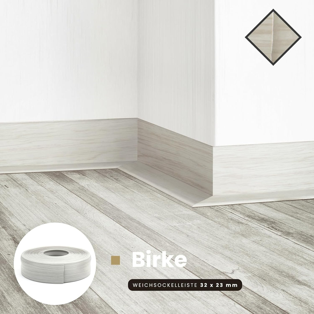 DQ-PP WEICHSOCKELLEISTE | 20m | birke | 32x23mm | PVC | selbstklebend | Knickwinkel Fussleisten Gumm