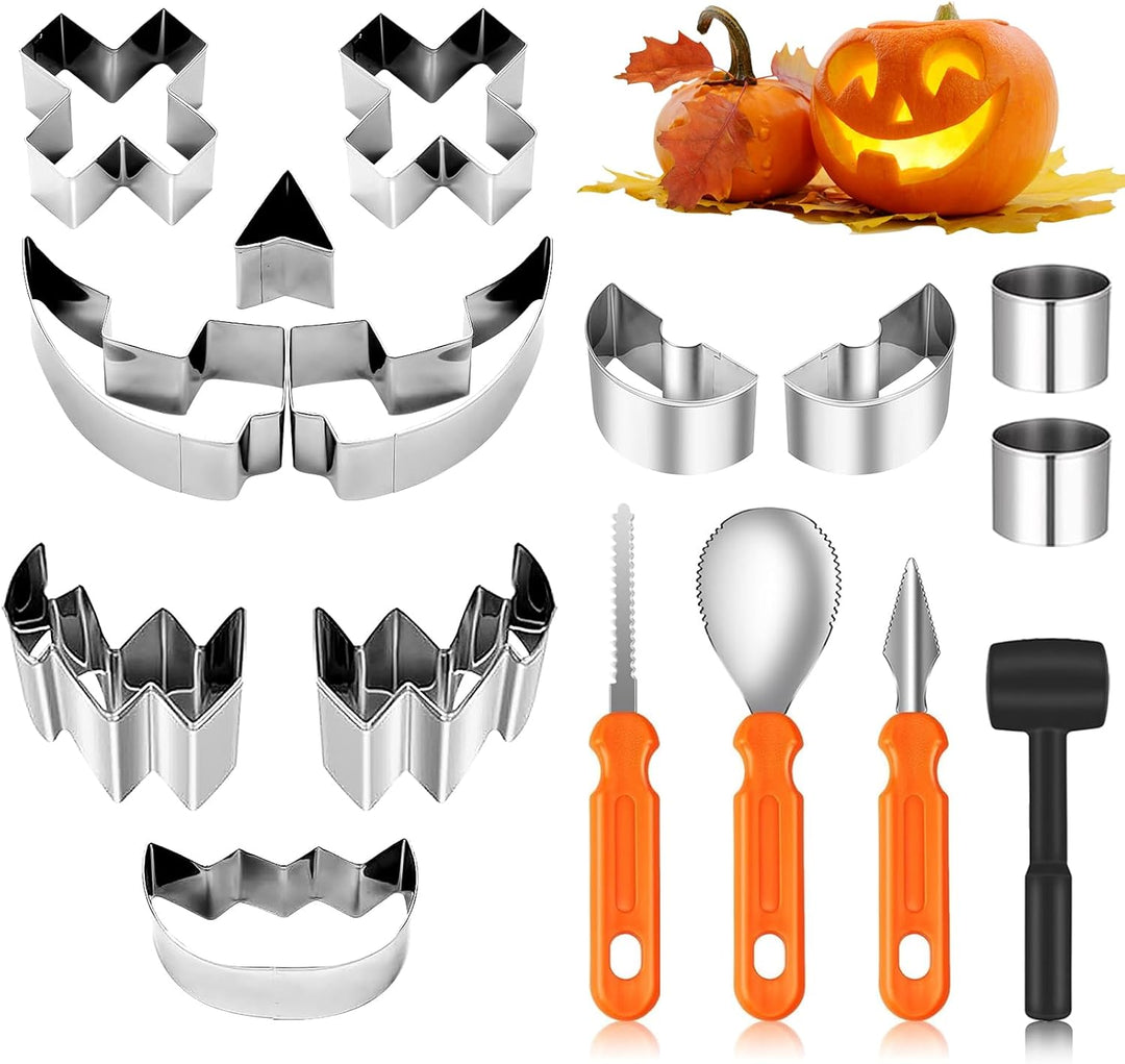 POFIBO 16 Stück Halloween Kürbis Schnitzset - Schnitzwerkzeug Kürbis, Kürbis Schnitzset mit Vorlagen