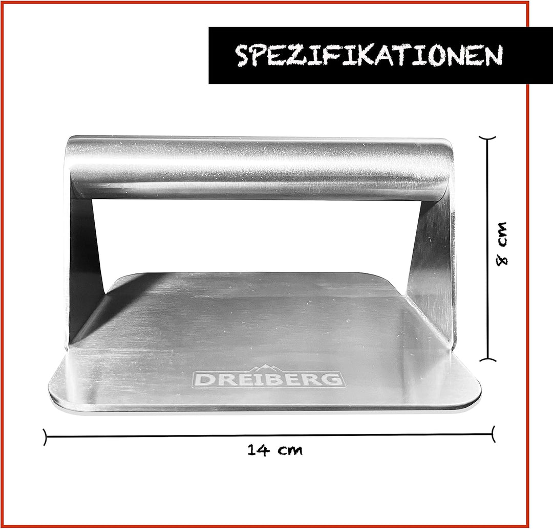DREIBERG® Grillpresse Set inkl. Burgerpapier – Burgerpresse Edelstahl für Smash Burger. Burger Smash