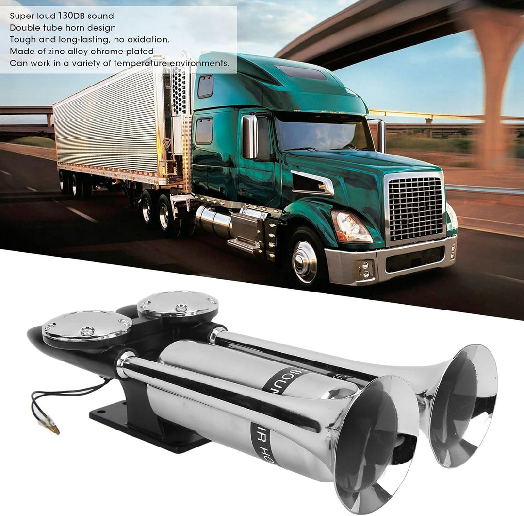 Lufthupe für LKW, 12V/24V 300dB Dual Trompete Super Loud Train Hupe Kit, Chrom-Zink-Autohupe für All