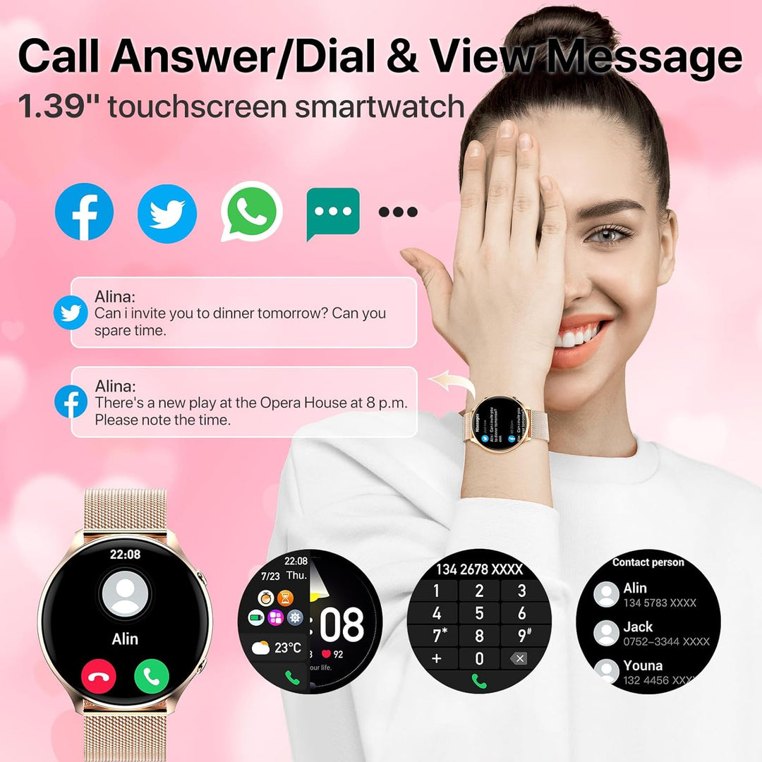 Nendefin Smartwatch Damen,1,39 Zoll runde Armbanduhr mit Telefonfunktion und Whatsapp Sprachassisten