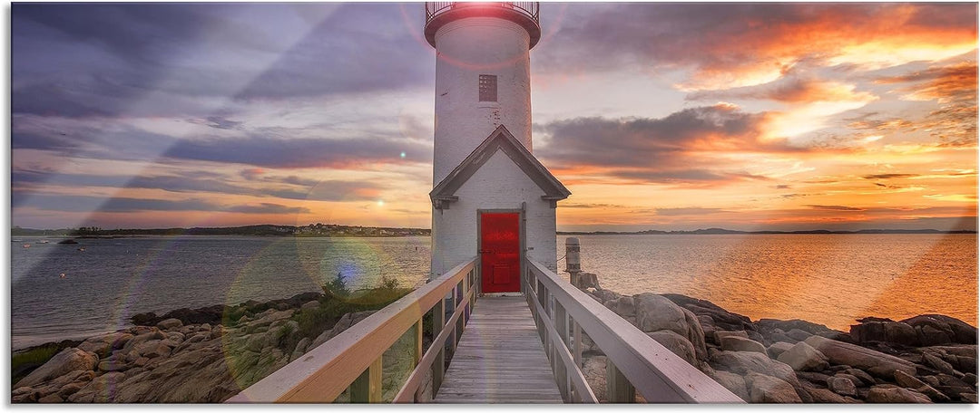 Glasbild Panorama | Wandbild aus Echtglas | Leuchtturm bei Sonnenuntergang | 100x40 cm | inkl. Aufhä