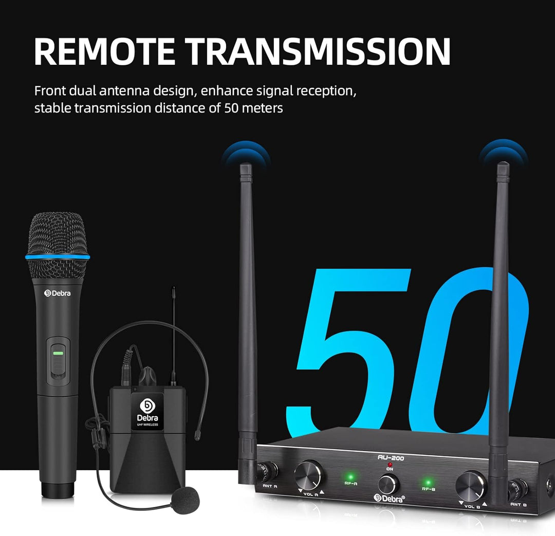 D Debra Audio AU200 Pro UHF 2-Kanal-Drahtlos-Mikrofonsystem mit schnurlosen Lavalier-Headset-Mikrofo