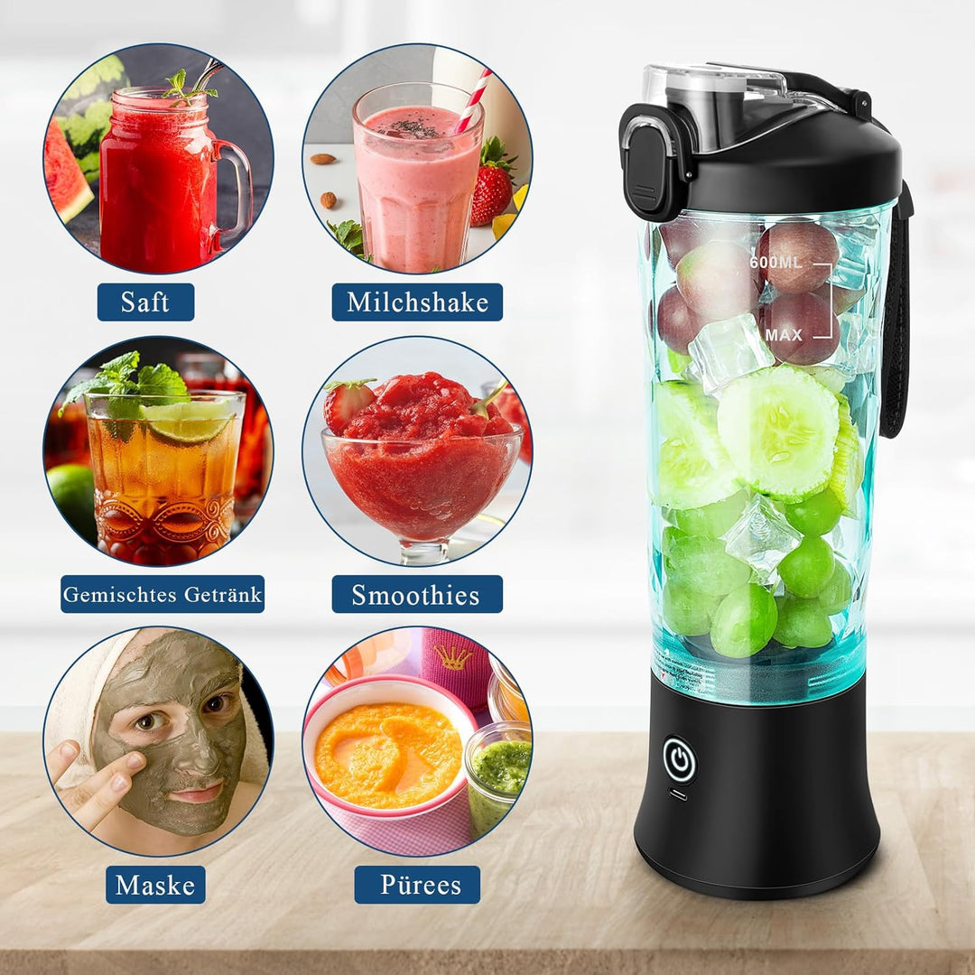 Rainpal Tragbarer Mixer/Mini Standmixer, 600mL USB Wiederaufladbarer Blender mit Becherdeckel, 6 Kli