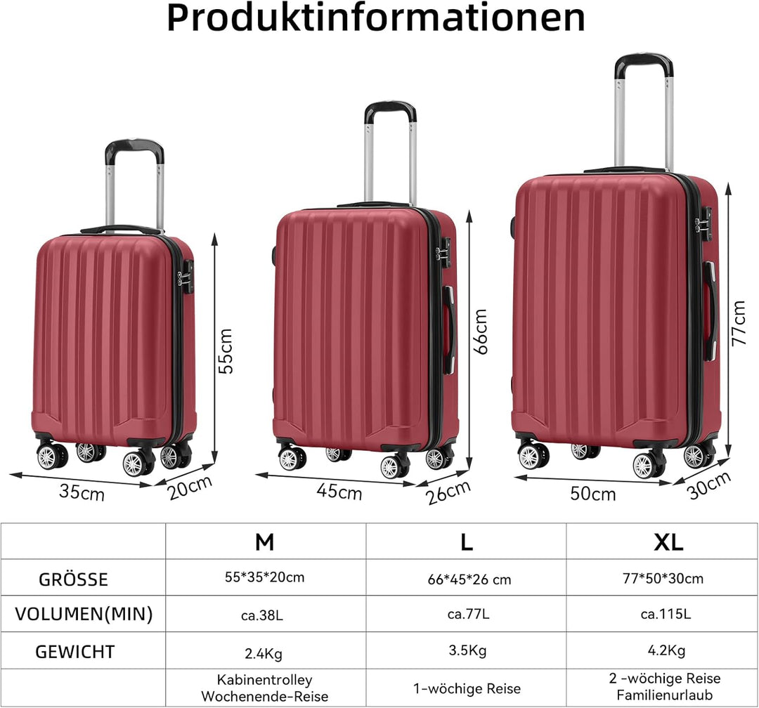 BEIBYE TSA-Schloss 2080 Zwillingsrollen 3 TLG. Reisekofferset Koffer Kofferset Trolley Trolleys Hart