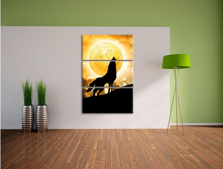 Pixxprint Wolf heult Mond an als Leinwandbild/Grösse: 3 Teilig (120x80) / Wandbild/Kunstdruck/fertig