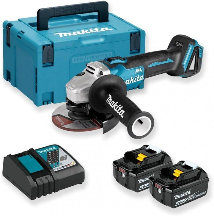 Makita Akku-Winkelschleifer 18 V / 4,0 Ah im MAKPAC inklusive 2 Akkus und Ladegerät, Blau, Silber, 9