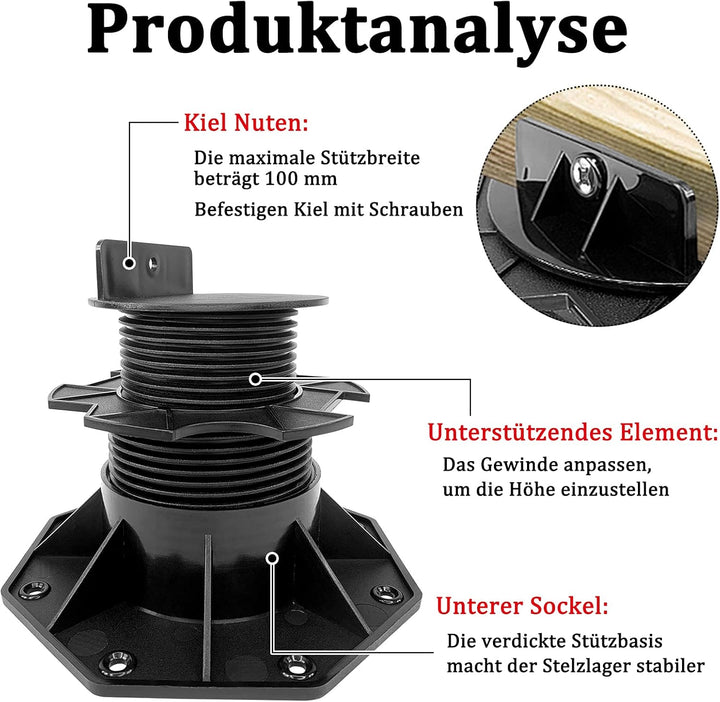 NAIZY Stelzlager Terrassenlager WPC Stellfuss Höhenverstellbar 60-140mm Balkenlager Stellfüsse Platt
