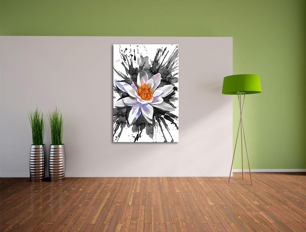 gezeichnete Seerose schwarz/weiss Format: 100x70 auf Leinwand, XXL riesige Bilder fertig gerahmt mit