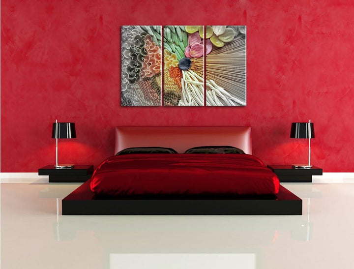 Pixxprint Zusammenstellung von bunten Nudeln / 3-Teilig/Gesamtmass 120cm Leinwandbild bespannt auf H