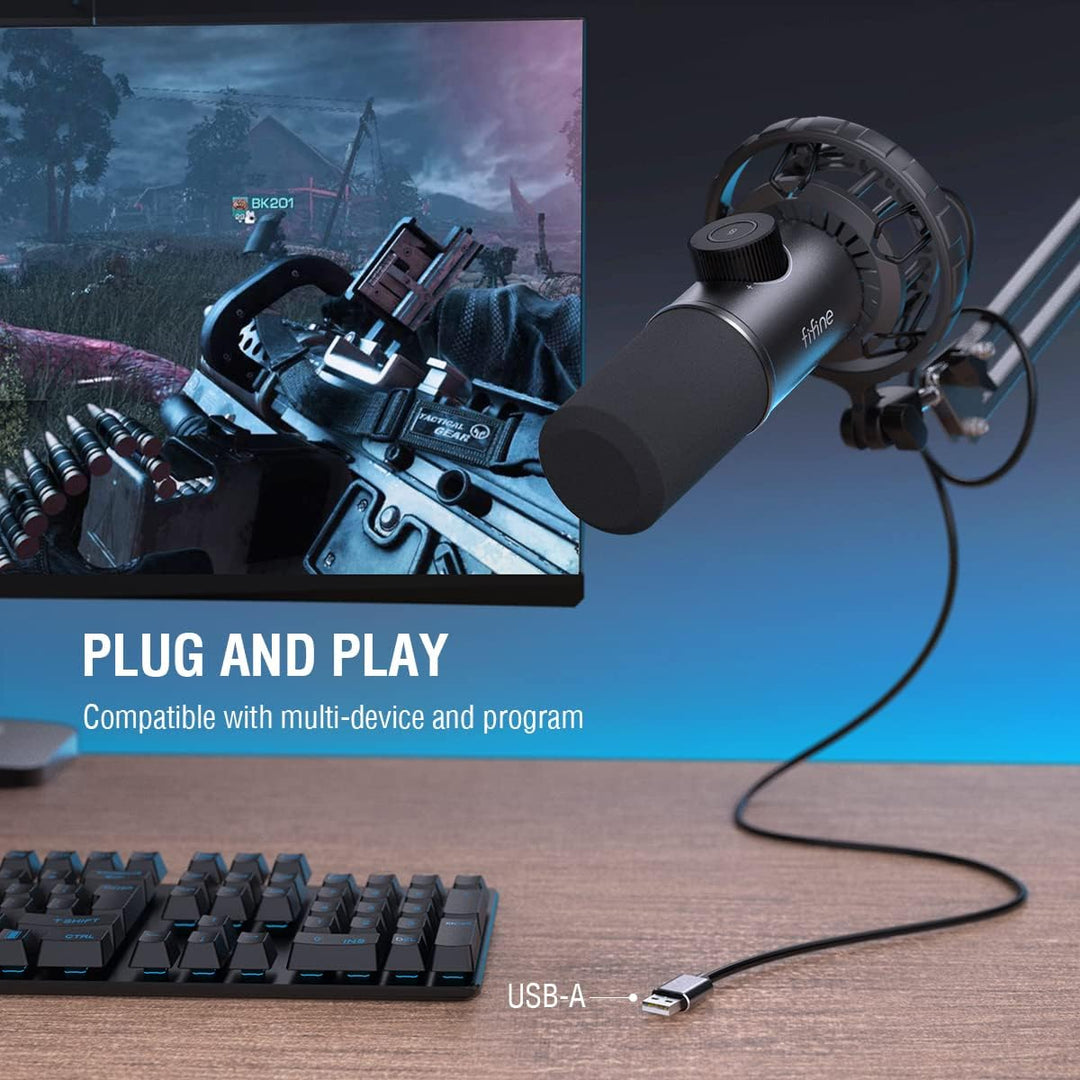 FIFINE USB Gaming Mikrofon, RGB Dynamische Mikrofone PC mit Stummschalttaste, Plug-and-Play Nierench