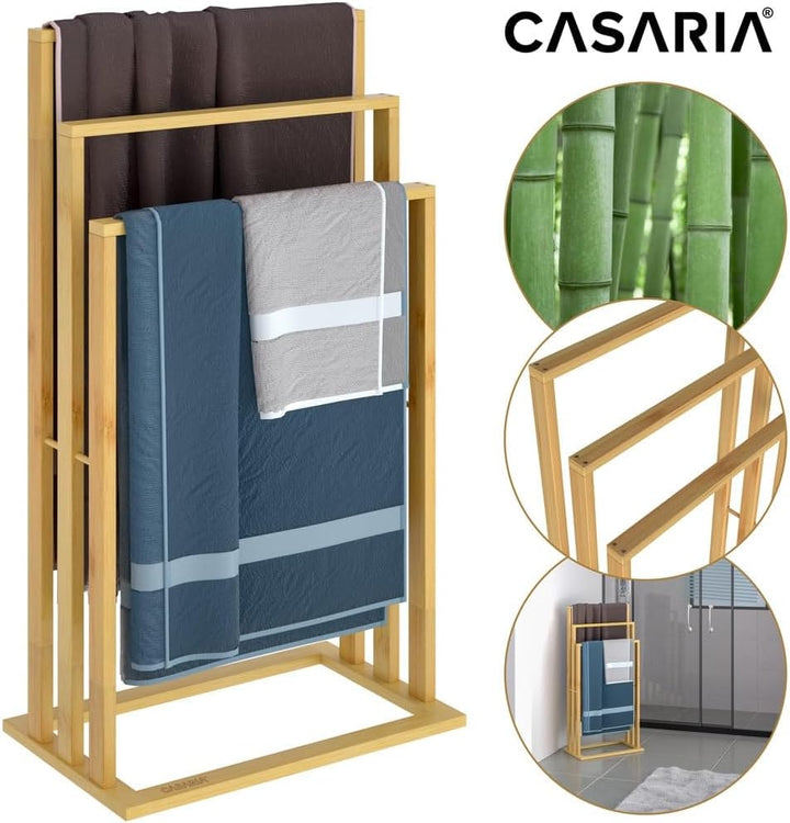 CASARIA® Handtuchhalter Stehend Bambus Holz 3 Stangen 82 x 40 x 24 cm Ablage Handtuchständer Freiste