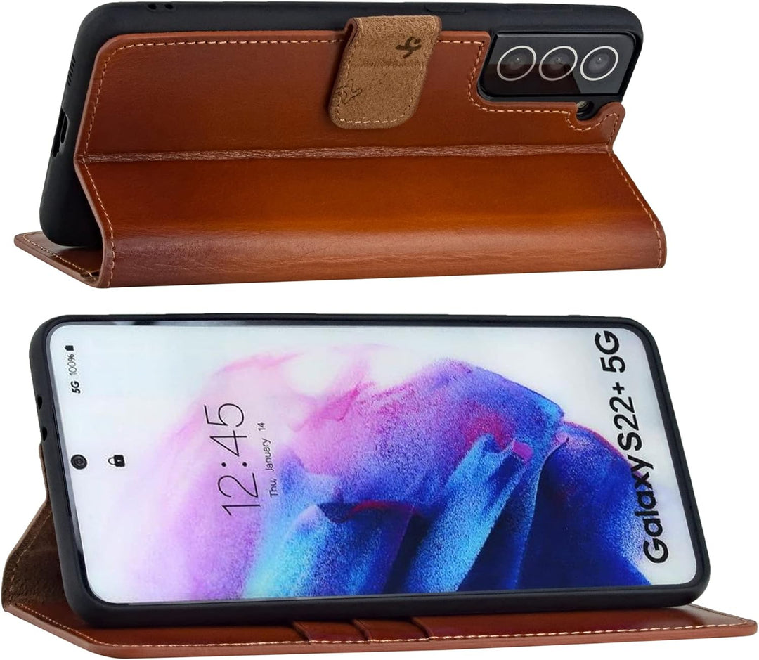 Suncase Book-Style Hülle kompatibel mit Samsung Galaxy S22 Plus 5G Leder Tasche (Slim-Fit) Lederhüll