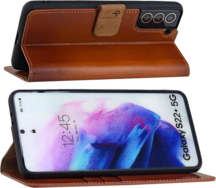 Suncase Book-Style Hülle kompatibel mit Samsung Galaxy S22 Plus 5G Leder Tasche (Slim-Fit) Lederhüll