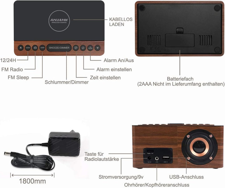 ANJANK Digitaler Radiowecker aus Holz mit Kabelloser Ladestation,10W Fast Wireless Charger for iPhon