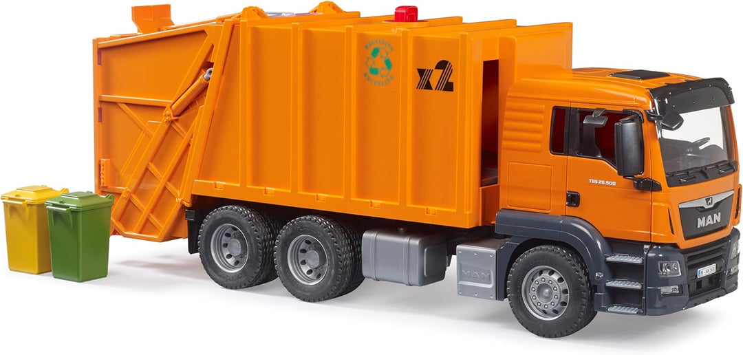 bruder 03760 - Man TGS Müll-LKW mit 2 Mülltonnen - 1:16 Fahrzeuge, Müllauto Spielzeug, Müllabfuhr, M
