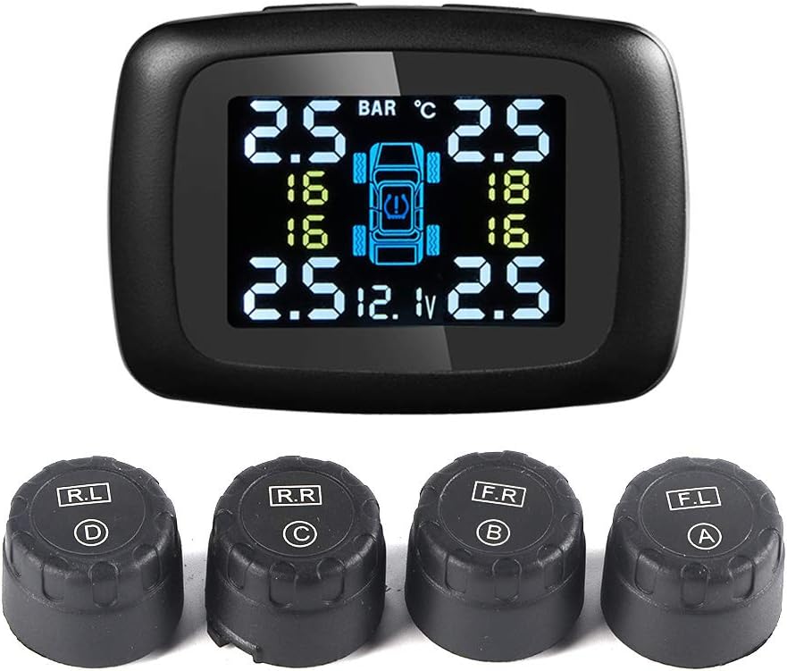 Terisass TPMS DC 12V Auto 433,92 MHz Reifendruckkontrollsystem Zigarettenanzünder-Display mit 4-TLG.
