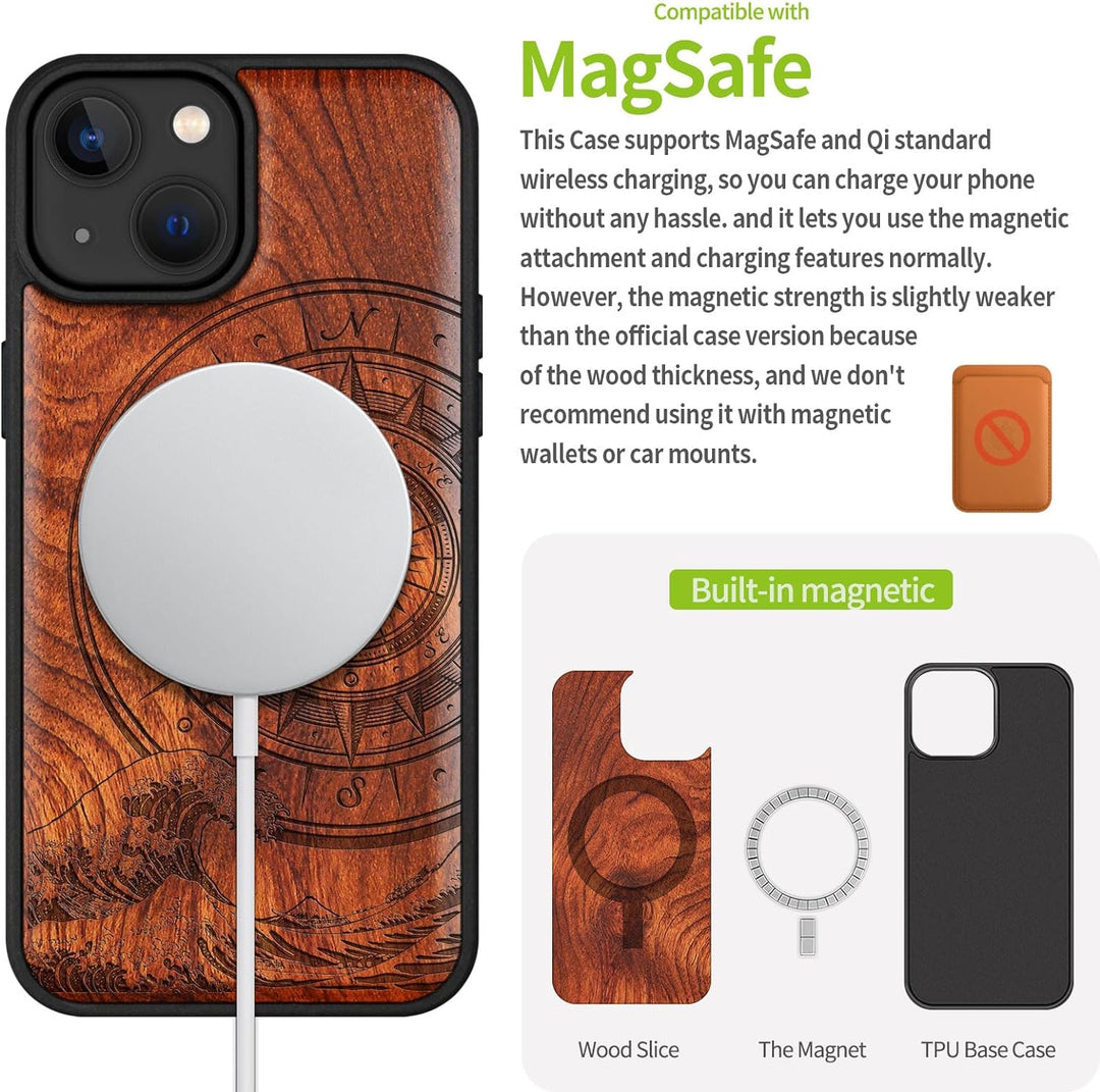 Carveit Holz Handyhülle für iPhone 15 Handyhulle kompatibel mit MagSafe Massivholz für Apple 15 Hand