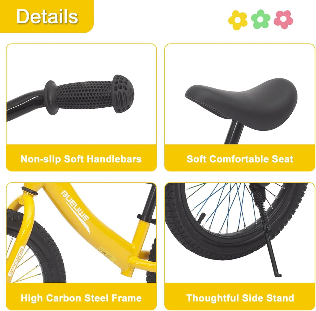 Bueuwe Kinder Laufrad 16 Zoll ab 4-7 Jahre für Mädchen und Junge, Kinderlaufrad mit Verstellbarem Sa